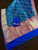 Silk Mark Certified Teal Blue with Dark Blue Border saree in pure katan silk with kadhua weave half-and-half design — Kaash Collection