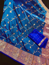 Silk Mark Certified Teal Blue with Dark Blue Border saree in pure katan silk with kadhua weave half-and-half design — Kaash Collection