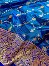 Silk Mark Certified Teal Blue with Dark Blue Border saree in pure katan silk with kadhua weave half-and-half design — Kaash Collection