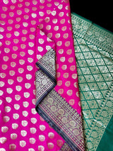 Hot Pink and Green Traditional Banarasi Silk Handloom Saree - Kaash