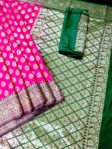 Hot Pink and Green Traditional Banarasi Silk Handloom Saree - Kaash