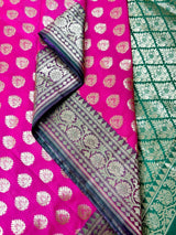 Hot Pink and Green Traditional Banarasi Silk Handloom Saree - Kaash