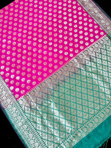 Hot Pink and Green Traditional Banarasi Silk Handloom Saree - Kaash