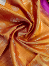 Hot Pink and Mango Yellow Pure Soft Kanjivaram Silk Saree - Peacock Motifs - Heirloom Kanchipuram Pure Silk - SILK MARK CERTIFIED - Kaash