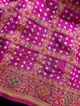 Hot Pink Banarasi Dupion Bandhej saree in banarasi semi dupion silk with bandhej tie-dye with meenakari work — Kaash Collection