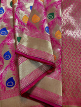 Hot Pink Color Morpankh Saree Traditional Banarasi Silk Handloom Saree with Gold Zari Weave - Kaash