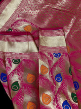 Hot Pink Color Morpankh Saree Traditional Banarasi Silk Handloom Saree with Gold Zari Weave - Kaash