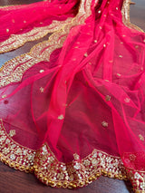Hot Pink Color Net Dupatta with Zari, Sequin and Beads - Kaash