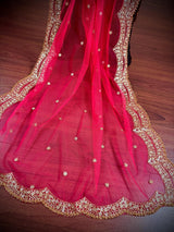 Hot Pink Color Net Dupatta with Zari, Sequin and Beads - Kaash