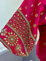 Hot Pink (with Tint of Orange) Raw Silk ready-to-wear blouse with handwork with beads — Kaash Collection