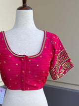 Hot Pink (with Tint of Orange) Raw Silk ready-to-wear blouse with handwork with beads — Kaash Collection