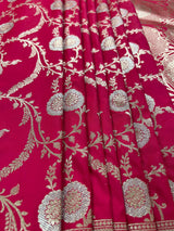 Hot Pink Color Semi Pure Mashru Silk Handloom Saree with Gold and Sliver Zari Weave - Banarasi Mashru Silk Saree - Kaash