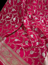 Hot Pink Color Semi Pure Mashru Silk Handloom Saree with Gold and Sliver Zari Weave - Banarasi Mashru Silk Saree - Kaash