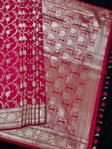 Hot Pink Color Semi Pure Mashru Silk Handloom Saree with Gold and Sliver Zari Weave - Banarasi Mashru Silk Saree - Kaash