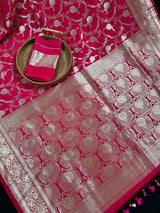 Hot Pink Color Semi Pure Mashru Silk Handloom Saree with Gold and Sliver Zari Weave - Banarasi Mashru Silk Saree - Kaash