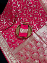 Hot Pink Color Semi Pure Mashru Silk Handloom Saree with Gold and Sliver Zari Weave - Banarasi Mashru Silk Saree - Kaash