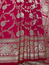 Hot Pink Color Semi Pure Mashru Silk Handloom Saree with Gold and Sliver Zari Weave - Banarasi Mashru Silk Saree - Kaash