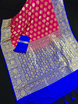 Hot Pink with Blue Banarasi saree in banarasi soft silk with grand pallu with blue satin borders — Kaash Collection