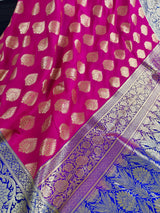 Hot Pink Color Silk Saree with Blue border and Pallu | Banarasi Soft Silk Saree with Floral Buttas | Soft Silk Handloom Saree | Satin Border - Kaash