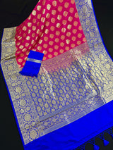 Hot Pink Color Silk Saree with Blue border and Pallu | Banarasi Soft Silk Saree with Floral Buttas | Soft Silk Handloom Saree | Satin Border - Kaash