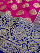 Hot Pink Color Silk Saree with Blue border and Pallu | Banarasi Soft Silk Saree with Floral Buttas | Soft Silk Handloom Saree | Satin Border - Kaash