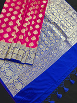 Hot Pink Color Silk Saree with Blue border and Pallu | Banarasi Soft Silk Saree with Floral Buttas | Soft Silk Handloom Saree | Satin Border - Kaash