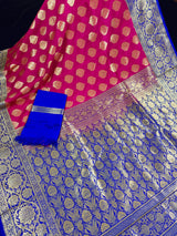 Hot Pink Color Silk Saree with Blue border and Pallu | Banarasi Soft Silk Saree with Floral Buttas | Soft Silk Handloom Saree | Satin Border - Kaash