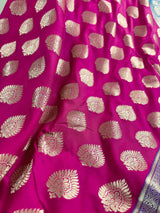 Hot Pink Color Silk Saree with Blue border and Pallu | Banarasi Soft Silk Saree with Floral Buttas | Soft Silk Handloom Saree | Satin Border - Kaash