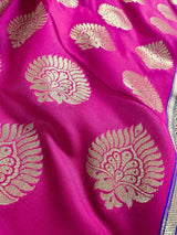 Hot Pink Color Silk Saree with Blue border and Pallu | Banarasi Soft Silk Saree with Floral Buttas | Soft Silk Handloom Saree | Satin Border - Kaash