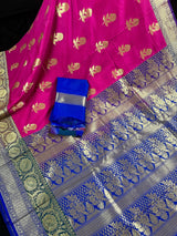 Hot Pink with Green & Blue Banarasi saree in banarasi silk with floral design with grand pallu — Kaash Collection