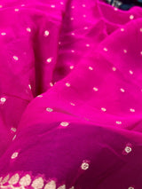 Silk Mark Certified Hot Pink Pure Khaddi Georgette saree in pure khaddi georgette silk with meenakari floral with muted gold zari buttis — Kaash Collection