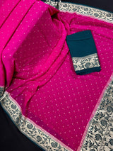 Silk Mark Certified Hot Pink Pure Khaddi Georgette saree in pure khaddi georgette silk with meenakari floral with muted gold zari buttis — Kaash Collection