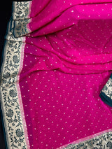 Silk Mark Certified Hot Pink Pure Khaddi Georgette saree in pure khaddi georgette silk with meenakari floral with muted gold zari buttis — Kaash Collection