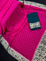 Hot Pink Pure Khaddi Georgette Banarasi Silk Saree - Floral Meenakari Sarees - Banarasi Handwoven Pure Saree - SILK MARK CERTIFIED - Kaash