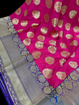 Hot Pink Banarasi with Purple Border (7.5") saree in banarasi handloom silk with purple border (7.5") with gold zari & blue pallu — Kaash Collection