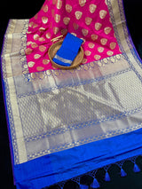 Hot Pink Banarasi with Purple Border (7.5") saree in banarasi handloom silk with purple border (7.5") with gold zari & blue pallu — Kaash Collection