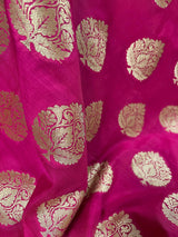 Hot Pink Banarasi with Purple Border (7.5") saree in banarasi handloom silk with purple border (7.5") with gold zari & blue pallu — Kaash Collection