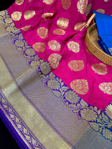 Hot Pink, Purple Border with Blue Traditional Banarasi Handloom Soft Silk Saree - Kaash