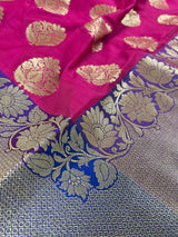 Hot Pink, Purple Border with Blue Traditional Banarasi Handloom Soft Silk Saree - Kaash