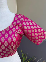 Hot Pink Readymade Blouse with Gold Buttis in Pure Banarasi Silk - Kaash