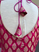 Hot Pink Readymade Blouse with Gold Buttis in Pure Banarasi Silk - Kaash