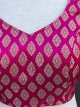 Hot Pink Readymade Blouse with Gold Buttis in Pure Banarasi Silk - Kaash
