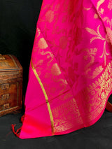 Hot Pink Silk floral Jaal Dupatta with Gold Zari Weaving - Kaash
