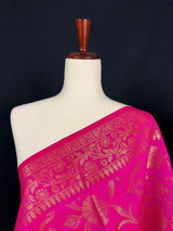 Hot Pink Silk floral Jaal Dupatta with Gold Zari Weaving - Kaash