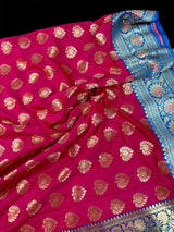 Hot Pink Sky Blue Banarasi Silk Saree | Floral Butta Gold Zari Weave - Kaash