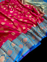 Hot Pink Sky Blue Banarasi Silk Saree | Floral Butta Gold Zari Weave - Kaash