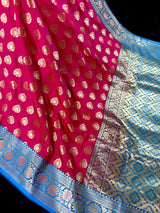 Hot Pink Sky Blue Banarasi Silk Saree | Floral Butta Gold Zari Weave - Kaash