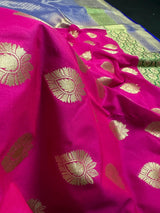 Hot Pink with Green and Blue color combination Traditional Satin Border Banarasi Handloom Soft Silk Saree - Kaash