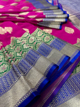 Hot Pink with Green and Blue color combination Traditional Satin Border Banarasi Handloom Soft Silk Saree - Kaash