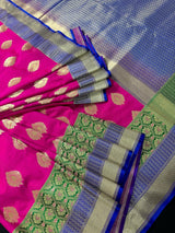 Hot Pink with Green and Blue color combination Traditional Satin Border Banarasi Handloom Soft Silk Saree - Kaash